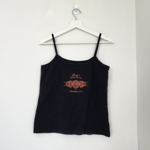 Y2K Harley Davidson Black Tank Top Spaghetti Strap Barb’s Philadelphia M/L Biker - Picture 4 of 6
